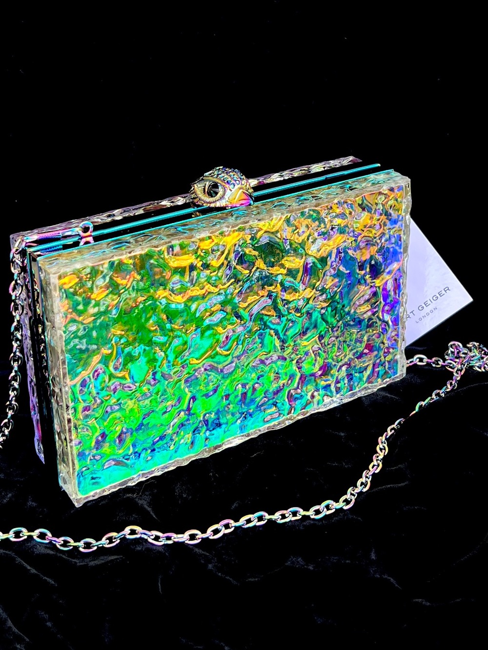 Kurt Geiger Iridescent semi transparent acrylic box clutch on chain NWT
